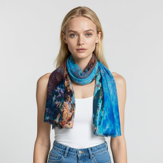 Ocean Reef Coral Australian Coastal Scarf – Modal Silk Designer Wrap | Marine Nature Print
