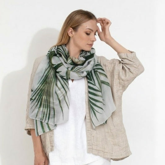 Tropical Palm Leaf Botanical Scarf – Pure Silk Designer Wrap | Green Nature Australian Coastal Print