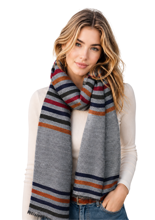 Unisex Horizontal Striped Merino Wool Scarf – Lightweight Soft Winter Wool Wrap