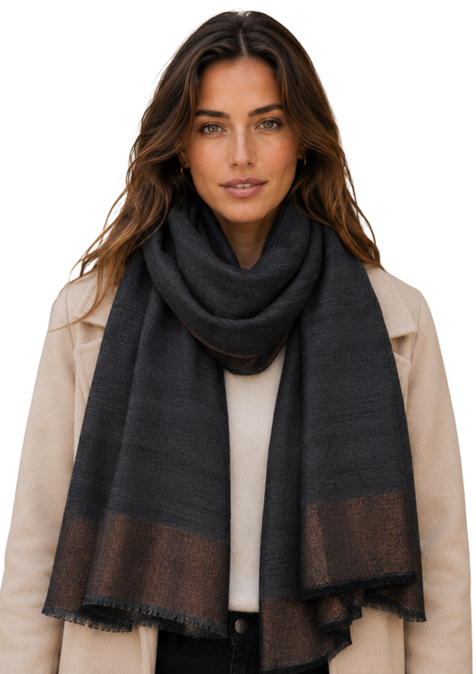 Unisex Black Merino Wool Scarf with Metallic Woven Border – Brown Shimmer Winter Wrap