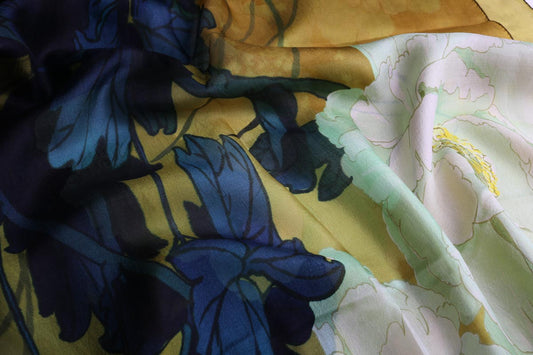 Golden Peony Floral Scarf – Pure Silk Designer Wrap | Artistic Japanese Botanical Print