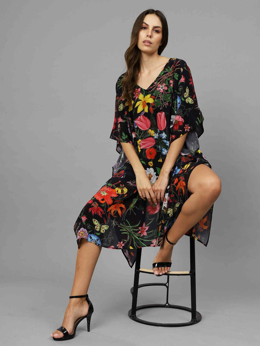 Tropical Floral Long Silk Kaftan