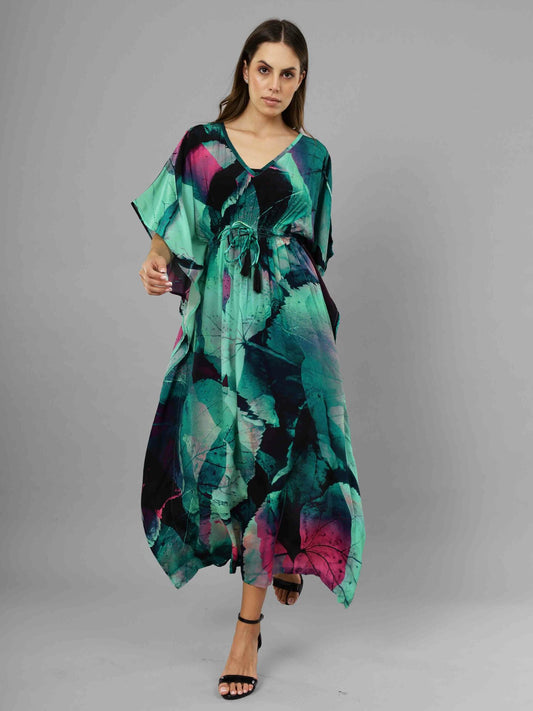 Floral Viscose Crepe Long Kaftan Dress