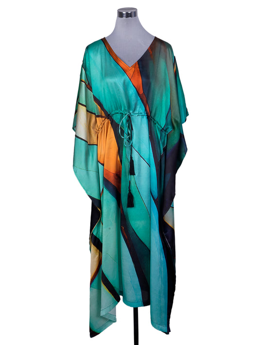 Abstract Viscose Crepe Long Kaftan Dress