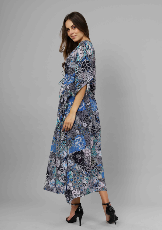 Midnight Bloom Floral Viscose Crepe Long Kaftan Dress