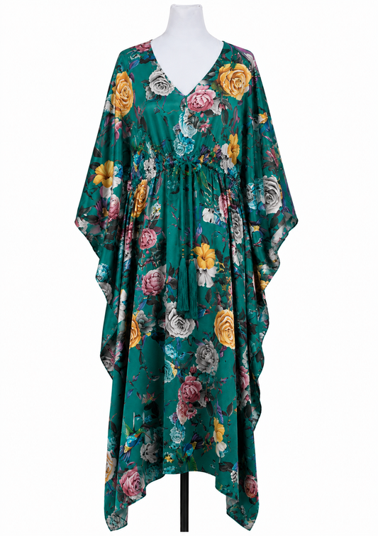 Emerald Garden Hummingbird Modal Satin Kaftan Dress