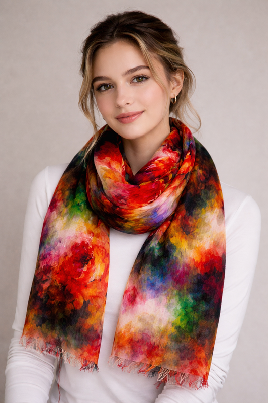 Hand-Painted Radiant Red Rose Abstract – Fine Merino Wool Scarf