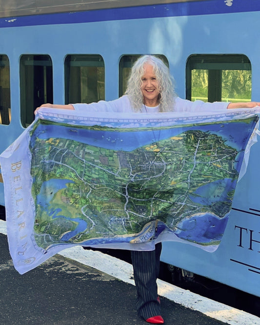 Bellarine Peninsula Illustrated Map Pure Silk Scarf/Sarong – 110×190 cm | Luxury Australian Map Art Collection | 100% Pure Silk