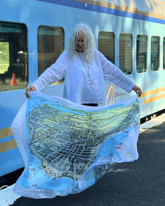 Portarlington Illustrated Map Pure Silk Scarf/Sarong – 110×190 cm | Luxury Coastal Map Art Collection | 100% Pure Silk