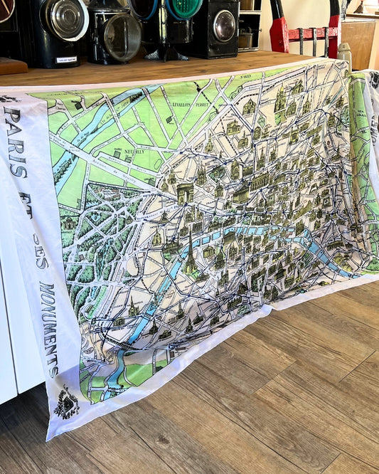 Paris Monuments Illustrated Map Cotton-Modal Scarf/Sarong – 110×190 cm | Paris City Map Art Collection