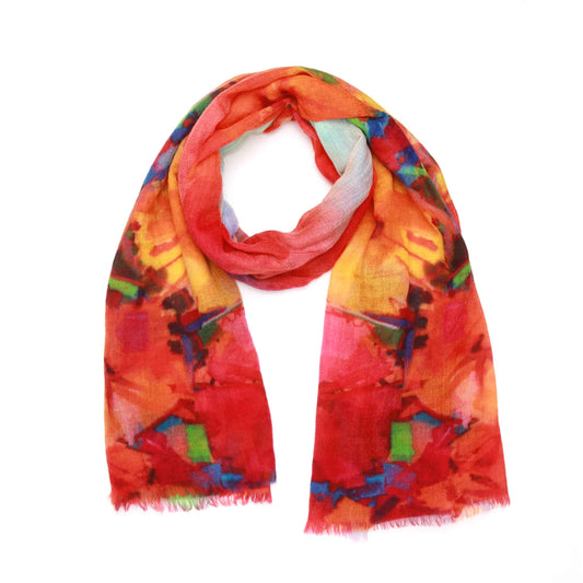 Firebird Abstract Floral Scarf – Fine Merino Wool Designer Wrap | Vibrant Multicolor Artistic Print