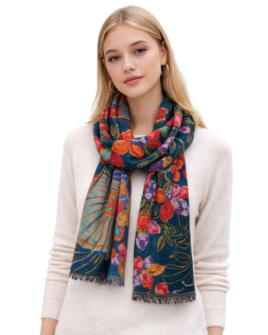 Teal Floral Garden – Merino Wool Designer Embroidered Scarf