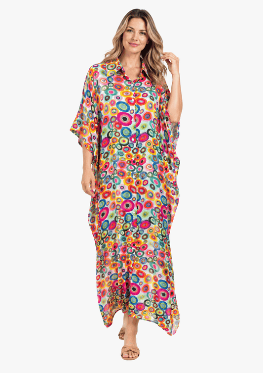 Multicolour Abstract Pebble Print Modal Satin Button-Down Dress