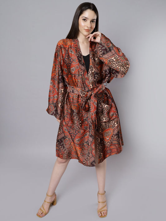 Tiny Paisleys Print Belted Modal Satin Kimono