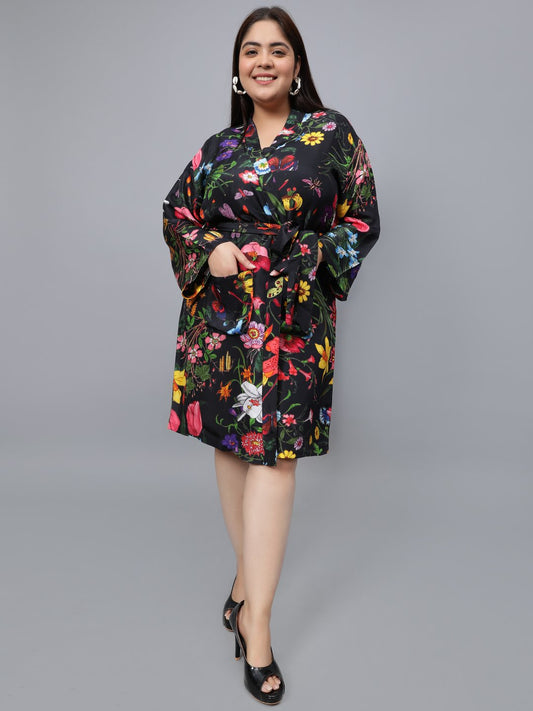 Tropical Print Belted Modal Satin Kimono