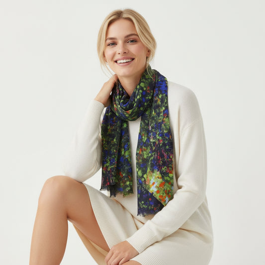 Enchanted Garden Abstract Scarf – Fine Merino Wool Designer Wrap | Multicolor Floral Brushstroke Print