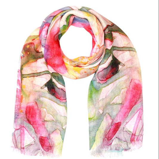 Watercolor Bloom Abstract Floral Scarf – Cotton Modal Designer Wrap | Multicolor Artistic Print