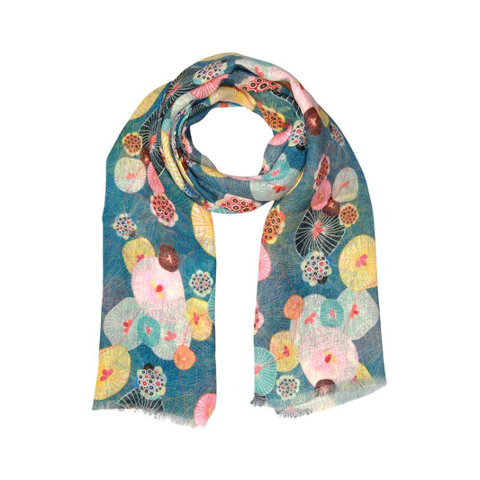 Lotus Leaves Japanese Floral Scarf – Pure Linen Designer Wrap | Multicolor Nature Print