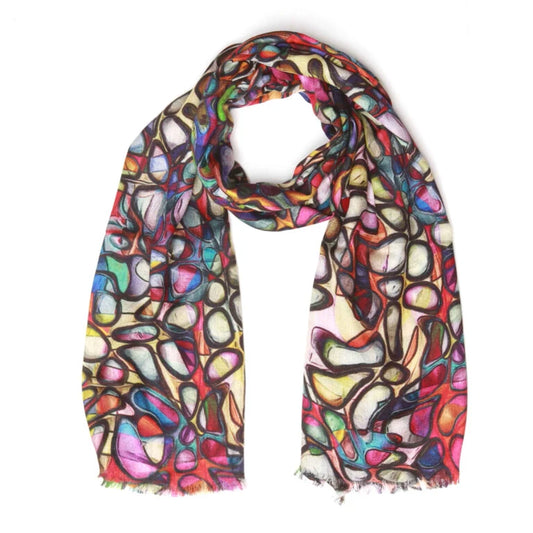 Stained Glass Abstract Multicolor Scarf – Pure Cashmere Wool Designer Wrap | Artistic Mosaic Print