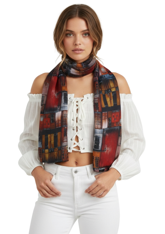 Architectural Red Doorway Art Scarf – Pure Silk Designer Wrap | Multicolor Abstract Heritage Print