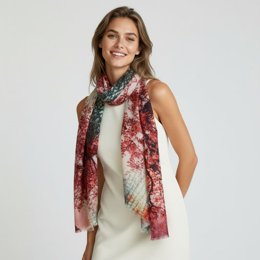 Cherry Blossom Abstract Floral Scarf – Fine Merino Wool Designer Wrap | Romantic Nature Print
