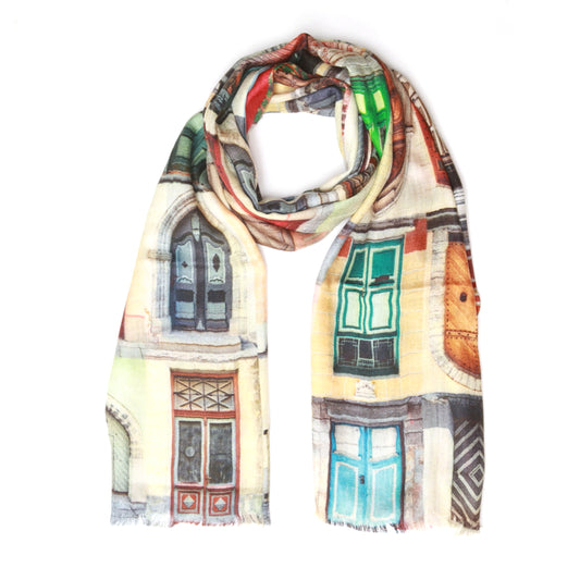 Heritage Doorway Art Scarf – Cashmere Wool Designer Wrap | Architectural Multicolor Print