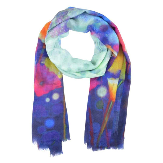 Dreamy Garden Floral Abstract Scarf – Fine Merino Wool Designer Wrap | Multicolor Artistic Print