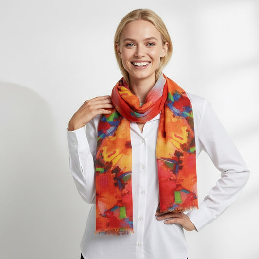 Firebird Abstract Floral Scarf – Fine Merino Wool Designer Wrap | Vibrant Multicolor Artistic Print