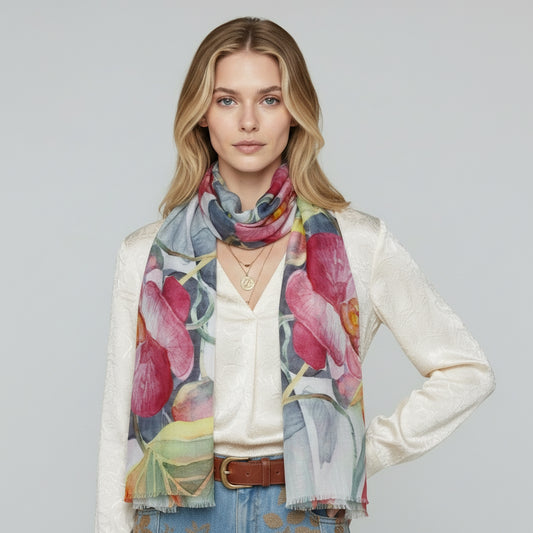 Orchid Bloom Botanical Scarf – Pure Silk Designer Wrap | Elegant Floral Nature Print