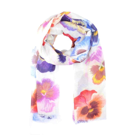 Soft Ivory Pansy Bloom Scarf – Fine Merino Watercolour Floral Spring Wrap
