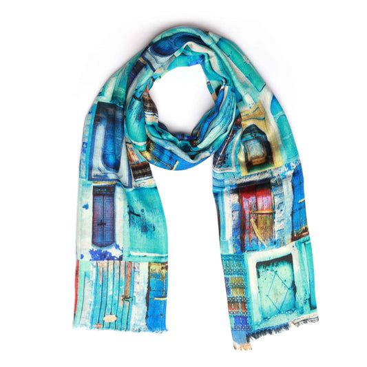 Blue Door Architectural Art Scarf –Fine Merino Wool Designer Wrap | Moroccan Abstract Print