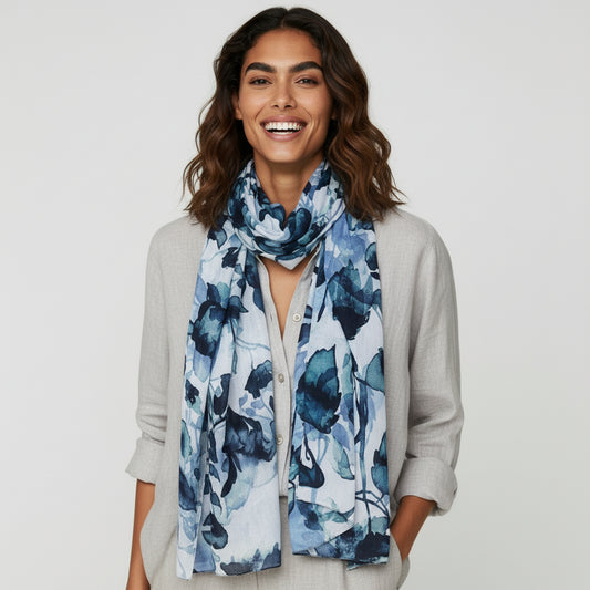 Enchanted Noir Leaf Scarf – Fine Merino Wool Designer Wrap | Black & Grey Botanical Abstract Print