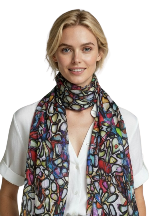 Stained Glass Abstract Multicolor Scarf – Merino Wool Silk Designer Wrap | Artistic Mosaic Print