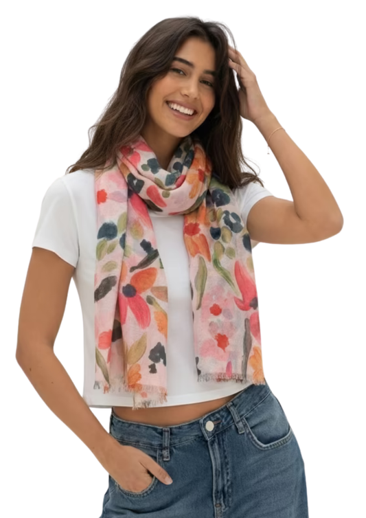 Blossom Garden Multicolor Floral Pure Linen Scarf | Hand-Painted Artistic Designer Wrap