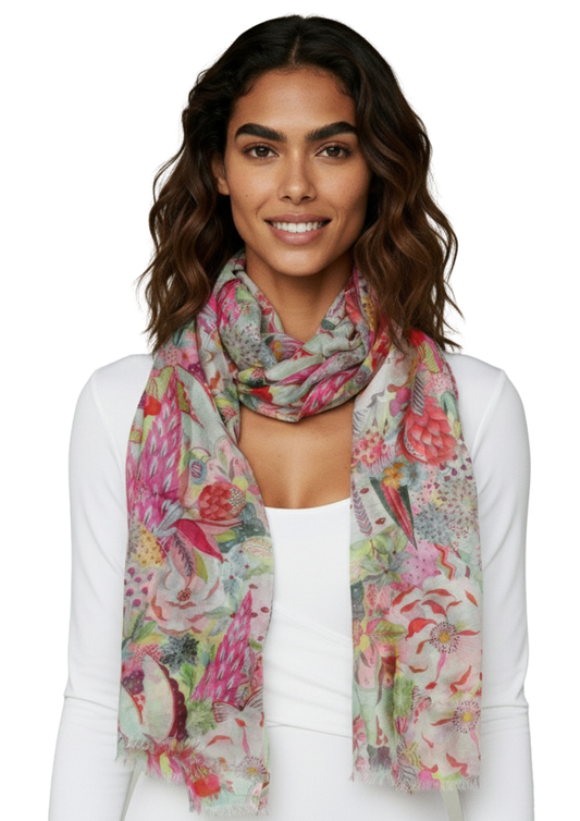 Tropical Paradise Multicolour Floral Scarf – Modal Silk Designer Wrap | Exotic Botanical Print