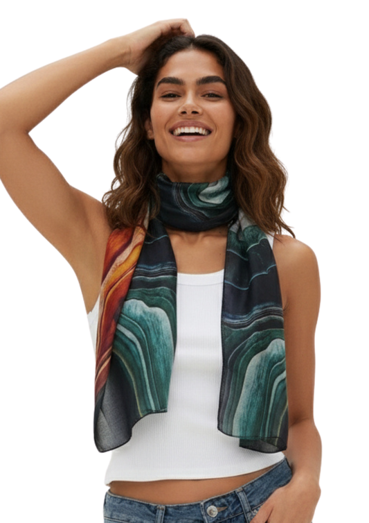 Agate Stone Abstract Scarf – Pure Silk Designer Wrap | Gemstone Crystal Art Print