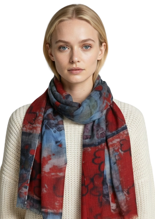Crimson Dream Abstract Scarf – Modal Silk Designer Wrap | Artistic Floral Impression Print