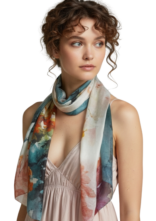 Tropical Horizon Floral Landscape Scarf – Pure Silk Designer Wrap | Watercolor Coastal Print