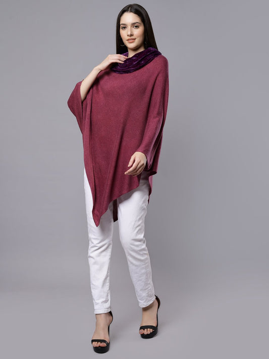 Wool Blend Poncho With Cowl Neck (Plum)