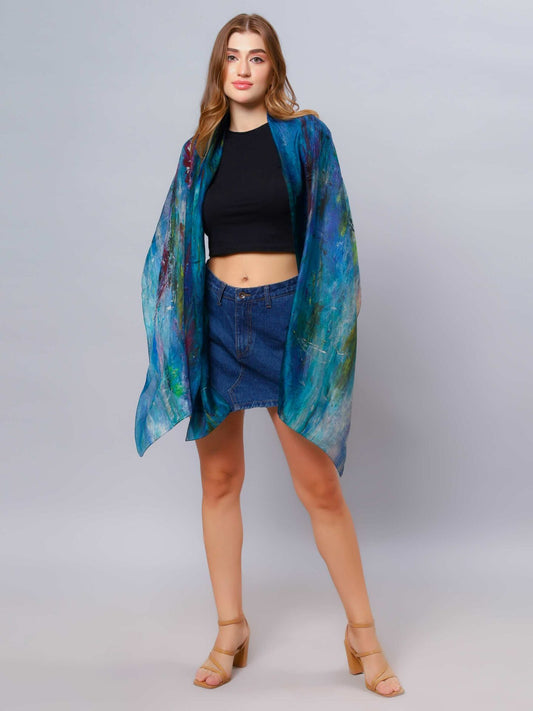 Water Lily Impressionist Abstract Scarf – Pure Silk Designer Wrap | Artistic Floral Print
