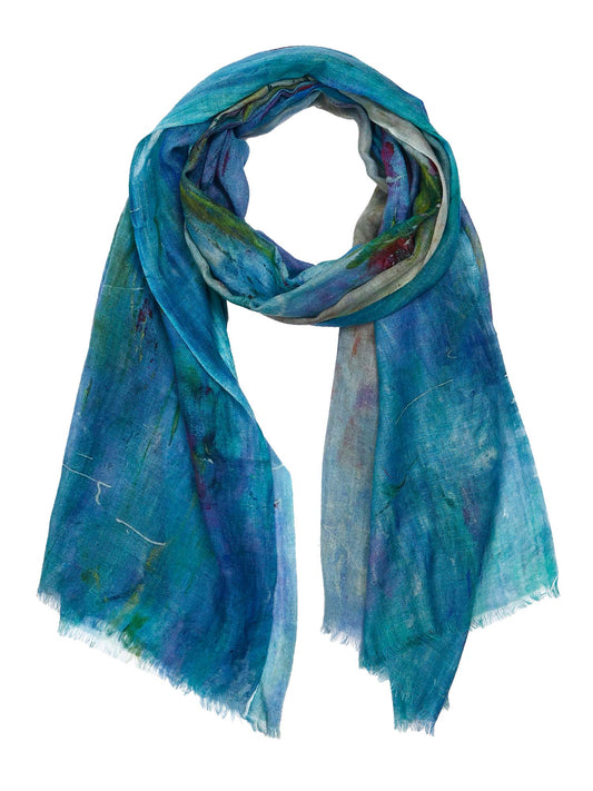 Water Lily Impressionist Abstract Scarf – Fine Merino Wool Designer Wrap | Artistic Floral Print
