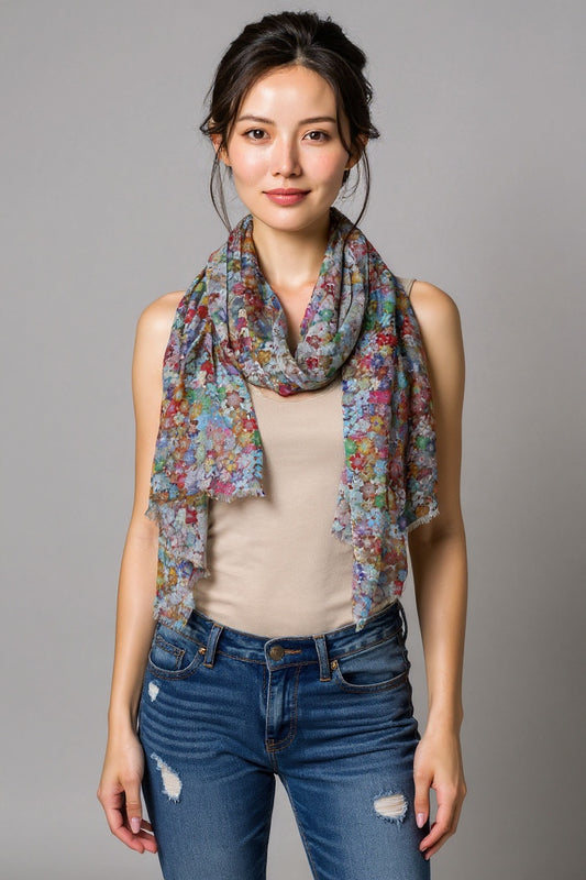 Millefiori Blossom Multicolour Abstract Floral Merino Wool Silk Designer Scarf | Vibrant Artistic Wrap