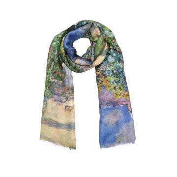 Sunflower Garden Path Impressionist Floral Merino Wool Silk Scarf – Inspired by The Artist's Garden by Claude Monet Art Wrap