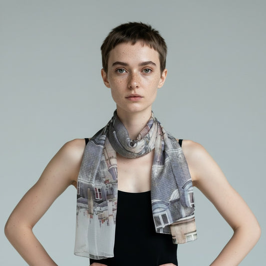 Parisian Rooftop Charm Architectural Pure Silk Scarf – Elegant Designer Wrap
