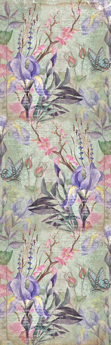 Iris Blossom Garden Scarf – Pure Linen Designer Wrap | Pastel Floral Botanical Print with Butterflies