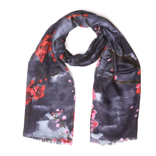 Midnight Cherry Blossom Scarf – Fine Merino Wool Designer Wrap | Japanese Floral Nature Print