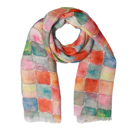 Rainbow Mosaic Abstract Scarf – Pure Linen Designer Wrap | Multicolour Geometric Tile Print