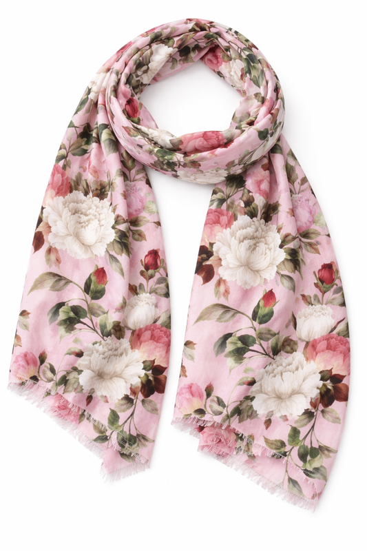 Blush Peony Garden Modal Silk Scarf – Romantic Floral Designer Print