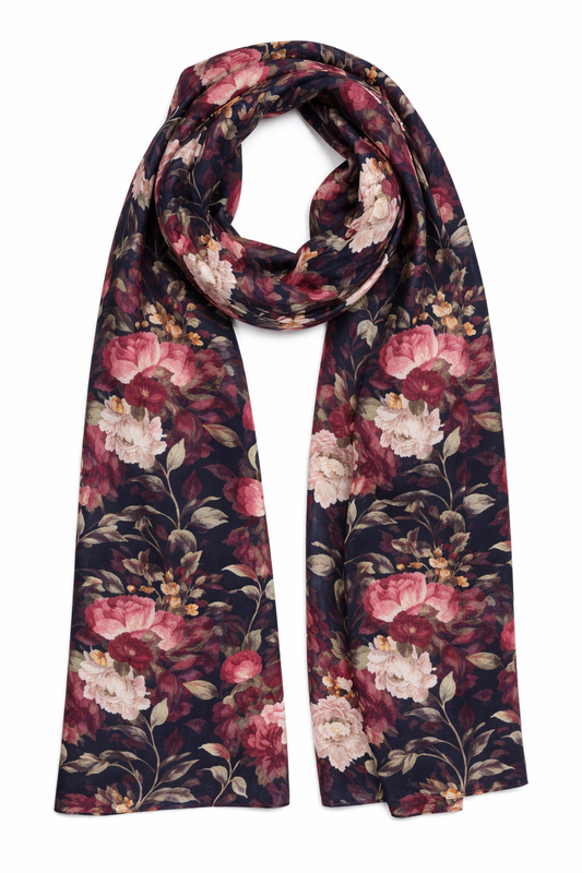 Midnight Peony Modal Silk Scarf – Dark Floral Designer Print