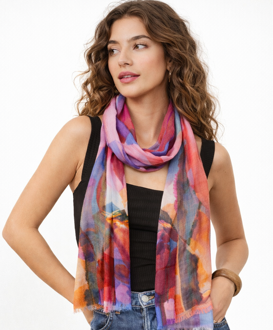 Sunset Symphony Abstract Scarf – Cotton Modal Designer Wrap | Multicolour Modern Art Print